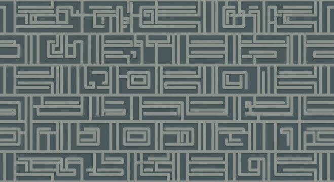 Abstract geometric maze pattern in muted blue and beige tones, repeating design