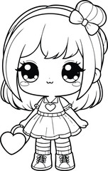 Cute kawaii girl with heart bag simple outline illustration for coloring book and childrens design isolated on white background