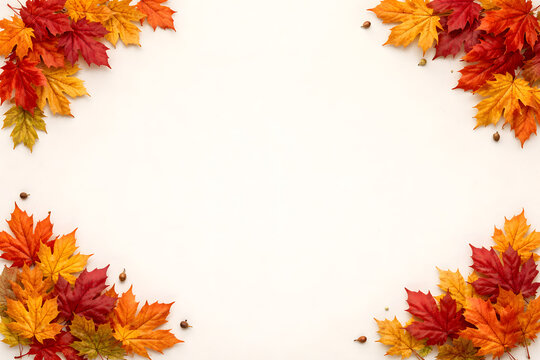Bright red and orange autumn maple leaves forming a decorative corner border