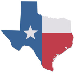 Iconic silhouette of Texas map integrated with the official state flag colors and lone star, representing Southern heritage, patriotism and regional freedom (cut out)