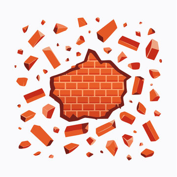 Dynamic illustration of a red brick wall dramatically shattering, with flying fragments creating a powerful sense of demolition and structural impact