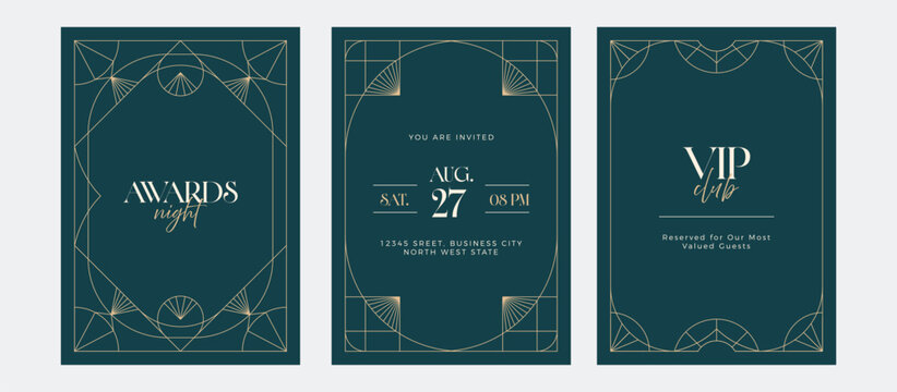 Premium and luxury frame invitation. Art deco gold line vintage classic design for gala, awards, wedding, grand opening.