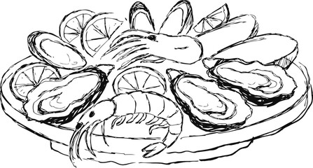 Fototapeta premium Seafood platter with shrimp, oysters, lemon slices on a round serving plate sketch illustration