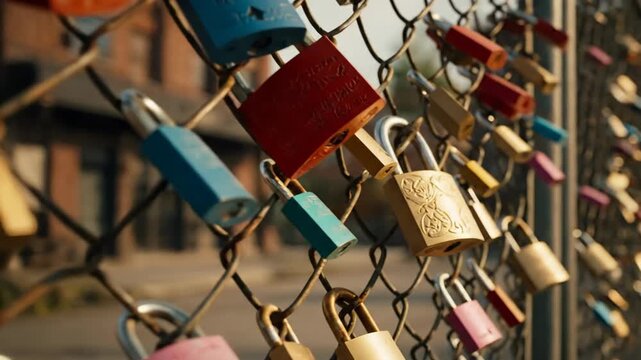 Colorful padlocks adorn a wire fence in warm light