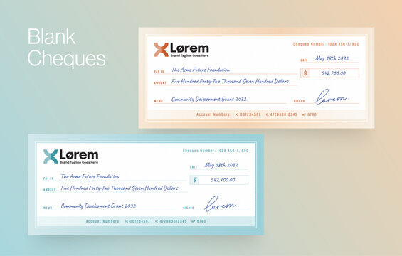 Blank Bank Check Check / Cheque Payment Slip Template for Business Banking & Charity Donation Checks