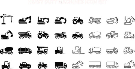 Heavy Duty Machines Icon Set Vector Collection Featuring Construction Equipment Excavator Dump Truck Crane Tractor and Industrial Vehicles © MDShakhawat