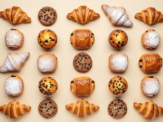 Symmetrical layout of assorted viennoiseries and treats on a beige background