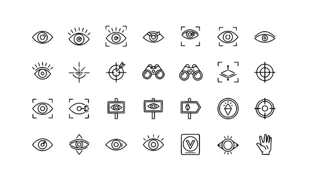 Vision and eye outline icon set with look focus and binocular symbols editable vector