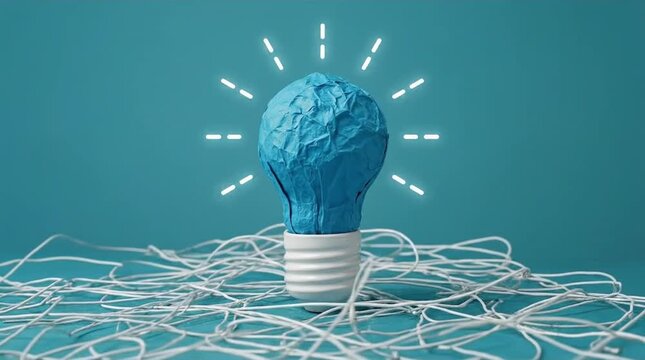 Creative Idea Concept: Crumpled Blue Light Bulb Glowing Above Tangled String, Symbolizing Innovation & Solution
