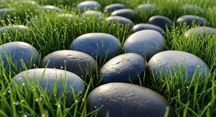 Tranquil morning scene with pebbles amidst dew kissed grass blades
