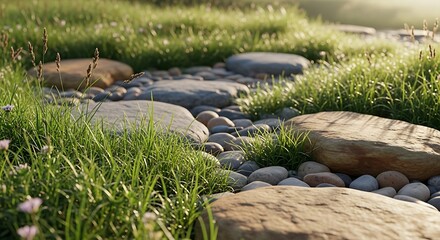 Tranquil stone path lined with lush grass in warm sunlight serene scene