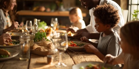 Family enjoys dinner together in a cozy home setting with children and adults sharing food