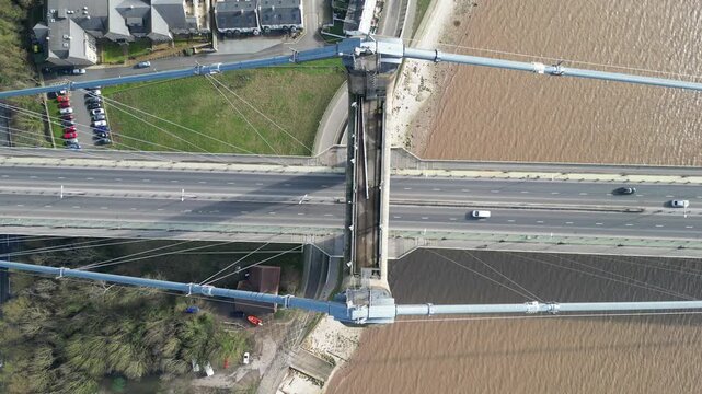 aerial view of Humber Bridge, single span toll road suspension bridge crossing the river Humber 
