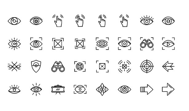 Outline vision icons pack with eye tracking and perspective symbols vector set