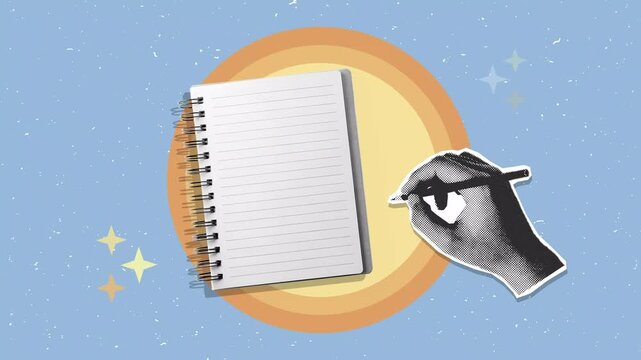 Retro collage animation, hand writing in a spiral notebook on a vintage sunburst background. Creative storytelling and education concept