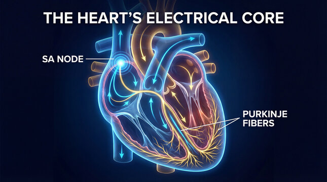 Pulsating currents animate the heart's vital chambers, revealing the SA Node and intricate Purkinje Fibers