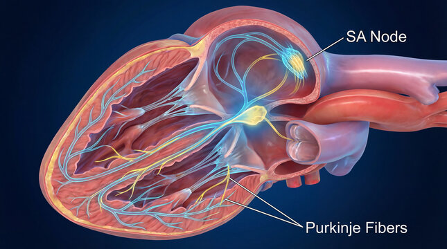 Vibrant cardiac electrical pathways revealing the SA Node and Purkinje Fibers guiding vital impulses