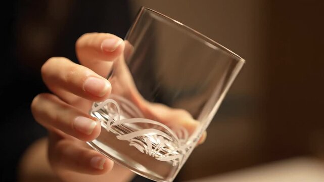 A hand holds a clear glass with etched details