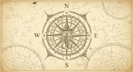 Fototapeta premium Vintage compass rose centered on an antique map intricate design with detailed markings and directional points evoking exploration