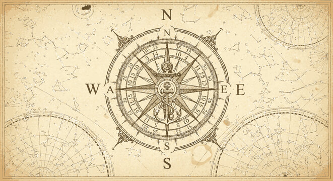 Vintage compass rose centered on an antique map intricate design with detailed markings and directional points evoking exploration