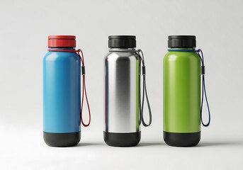 Three colorful reusable water bottles stand against a neutral gray background