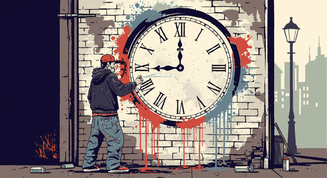 Man painting large roman numeral clock on brick wall with cityscape background and street lamp nearby at dusk