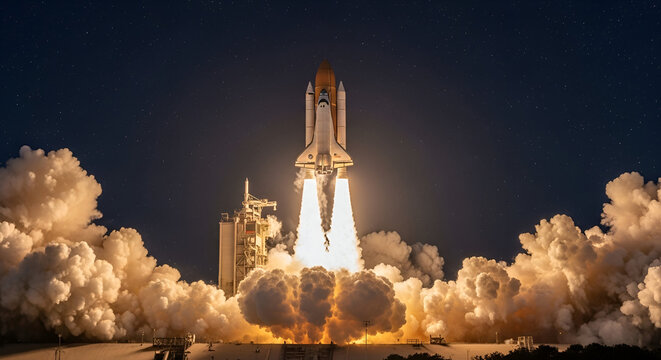 A rocket launching into the night sky with a lot of smoke