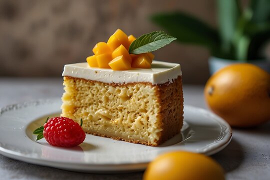 a mango cake in the plate