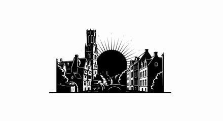 Naklejka premium Black and white silhouette of a historic European cityscape at sunrise