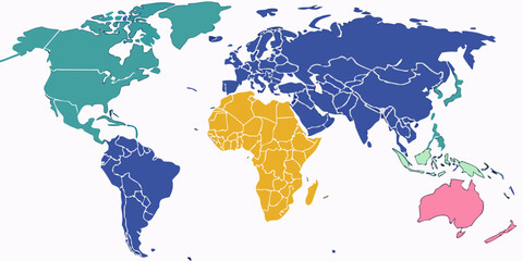 Fototapeta premium Political world map displays continental areas segmented by solid colors including green, blue, yellow, and pink for comparison.