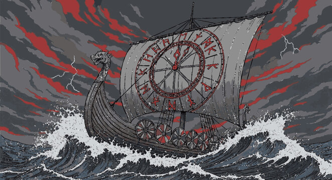 Viking longship sailing through stormy sea with compass sail in dramatic red and gray tones symbolizing navigation and adventure