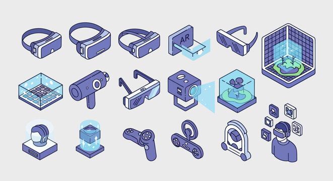Virtual Reality Headset and Accessories Isometric Icons.