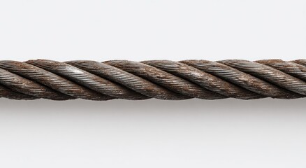 Close-up of a weathered, rusted steel cable against a stark white background
