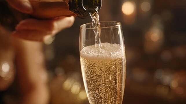 A close-up of a hand carefully pouring a glass of sparkling champagne or cider into a tall, delicate flute glass,