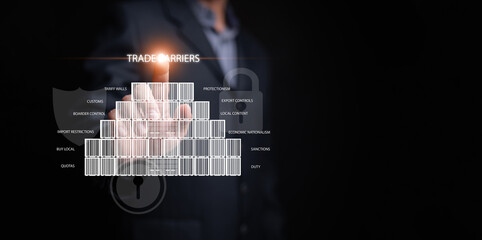 Trade barrier concept. Businessman touches the wall of cargo container with text overlay including tariffs, quota, sanction, custom, duty, export control, import restriction, and protectionism.