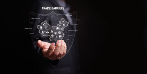 Trade barriers concept. Businessman hand holding country inside digital shield with icon. Domestic industry, protectionism, protective tariff, quota, subsidy, duty, export control, import restriction