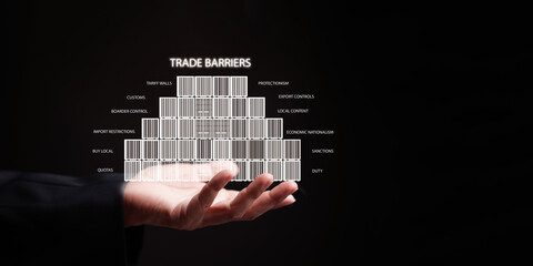 Trade barrier concept. Businessman hand holding wall of cargo container with text overlay including tariffs, quota, sanction, custom, duty, export control, import restriction, and protectionism.