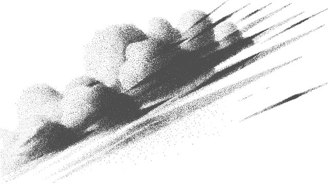 Grunge noise texture in black and white with distressed vintage overlay design, Abstract dust particle cloud with tapered trails and delicate stipple noise illustration