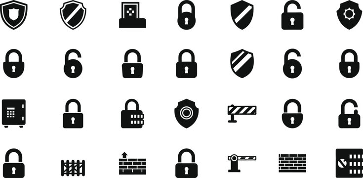 Security icon set . including Shield, Padlock, Safe, Barrier, Wall, Lock, Unlock, Gate, Protection, Security vector silhouette illustration.
