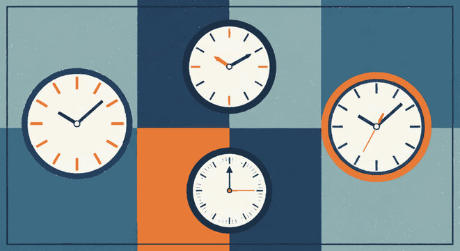 Four clocks with different times displayed on a grid background with various shades of blue and orange accents
