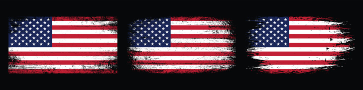 Three distressed American flags in a row on a black background