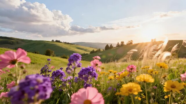 Vibrant Flowers and Colorful Scenery Against a Bright Sky in Dreamy Nature Video