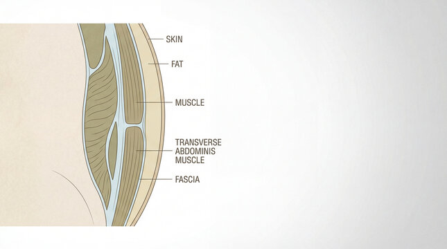 Journey through abdominal layers illustrating skin fat muscle transverse abdominis muscle and protective fascia