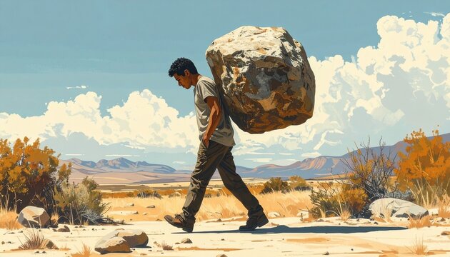concetto di peso sulle spalle; illustrazione di un ragazzo di fantasia, vestito con vestiti leggeri e con un grande masso sulla schiena, mentre cammina da solo in un ambiente desertico