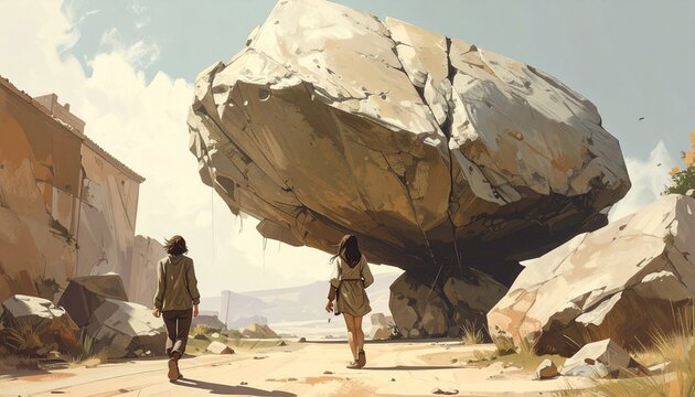 illustrazione dai tonli caldi che mostra due giovani donne di fantasia, viste di spalle, mentre camminano in un ambiente desertico, di giorno