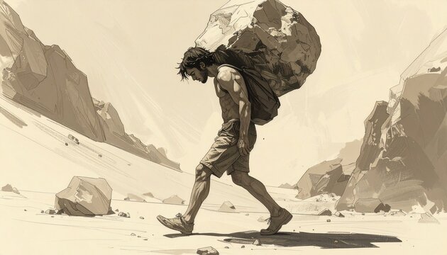 concetto di peso sulle spalle; illustrazione di un uomo di fantasia, vestito solo con dei pantaloni, delle scarpe leggere ed uno zaino, con un grande masso sulla schiena, mentre cammina nel deserto