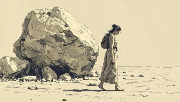 illustrazione semplice, dai toni caldi, di una donna di fantasia con vestiti leggeri e lunghi, che cammina in un ambiente desertico, col capo rivolto verso il basso e dallo sguardo triste