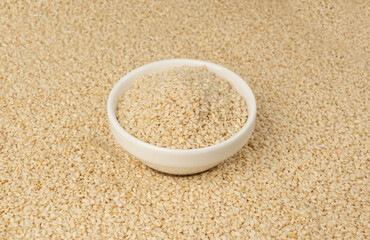 Sesame seeds pile closeup, white small benne grains. Sesamum indicum fruits