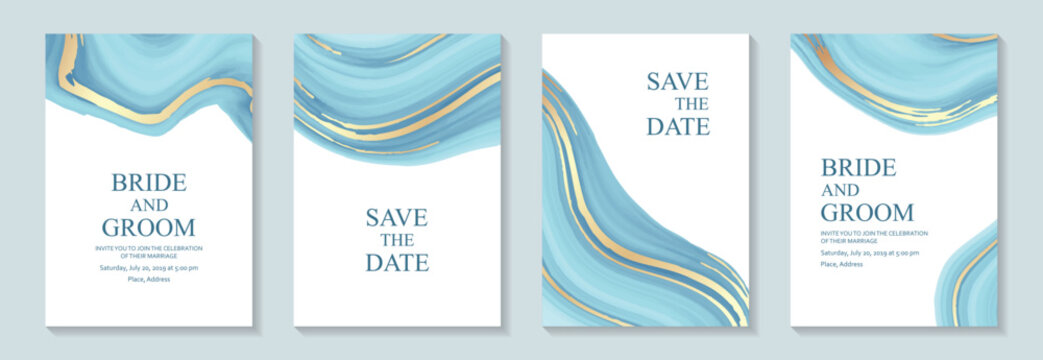 Luxury blue liquid marble backgrounds with golden waves for wedding invitations or greeting cards or business.