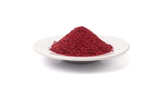 Sumac Powder Isolated, Red Sumach Ground Seasoning, Dry Sumak, Crushed Typhina Seeds